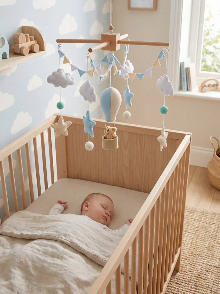 Móvil de cuna de madera, diseño minimalista para decoración infantil.