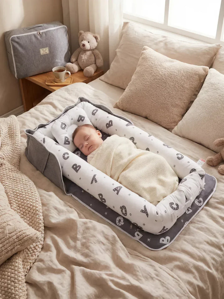 Nido reductor de cuna lavable de algodón, para el confort y la seguridad del recién nacido.