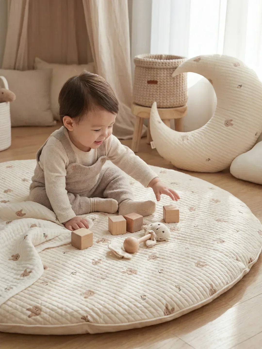 Alfombra infantil de juegos, circular, de algodón acolchado, crea un ambiente seguro para el bebé.