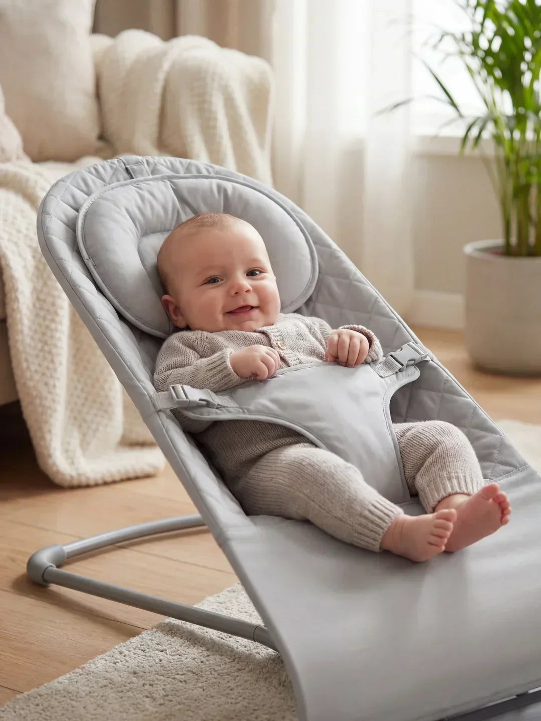 Columpio ergonómico plegable para bebé, mecedora auto-calmante en suave color rosa.