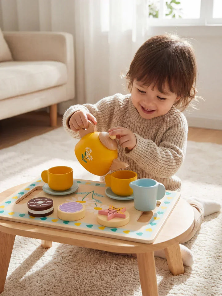 Juego de té infantil de madera con tetera amarilla y bandeja floral, juguete didáctico para niños y niñas.