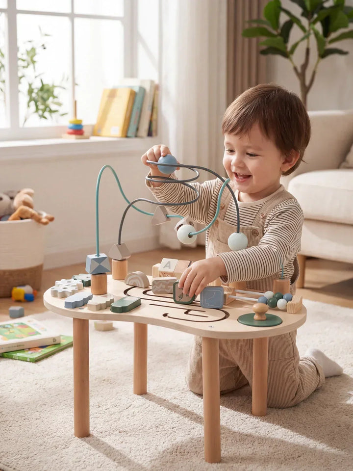 Mesa de actividades de madera para niños, fomenta aprendizaje temprano y motricidad fina. Juguete educativo didáctico.