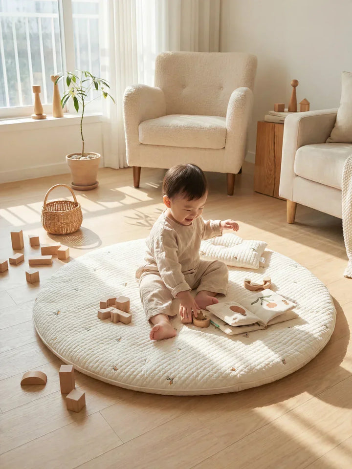 Alfombra infantil de algodón acolchado, diseño circular, ideal para juegos de bebé en el suelo.