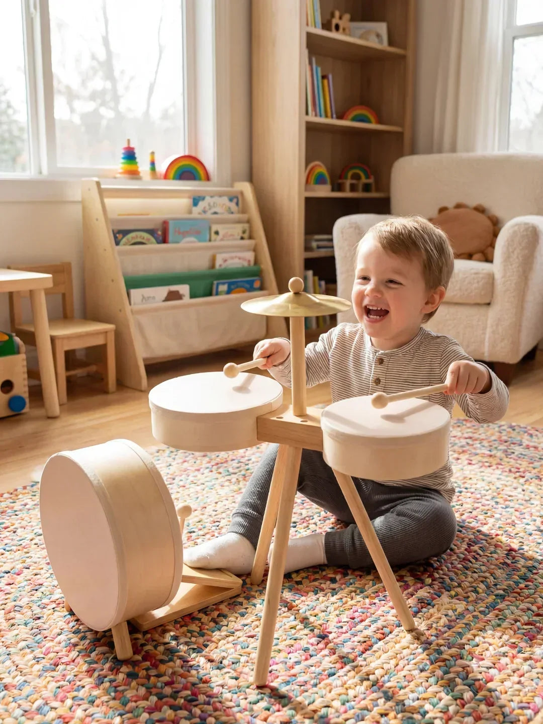 Batería de juguete de madera para niños, set de percusión musical infantil.