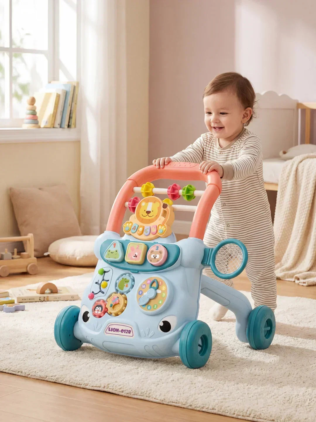 Andador interactivo para bebé, centro de actividades con sonidos y luces para primeros pasos y aprendizaje seguro.