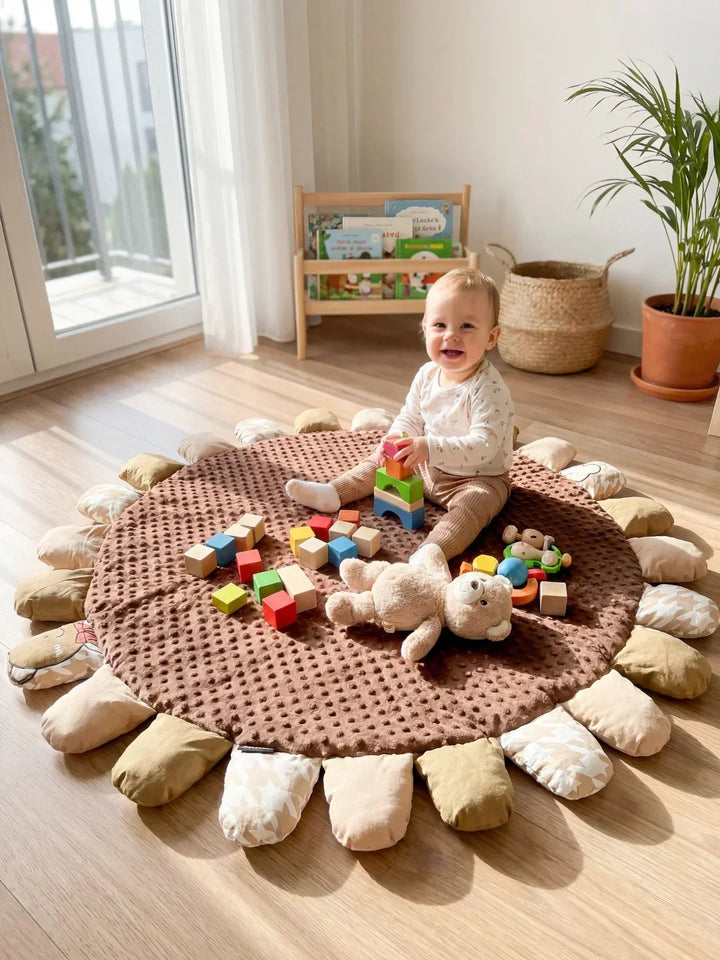 Tapete de actividades 120x120cm para bebés, acolchado, de algodón natural y muy seguro.