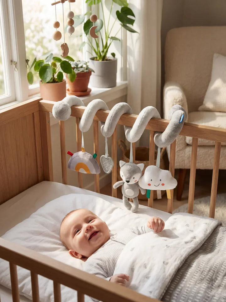 Espiral de actividades para bebé, suave algodón, con elefante, luna y lobo. Estimulación temprana y sensorial.