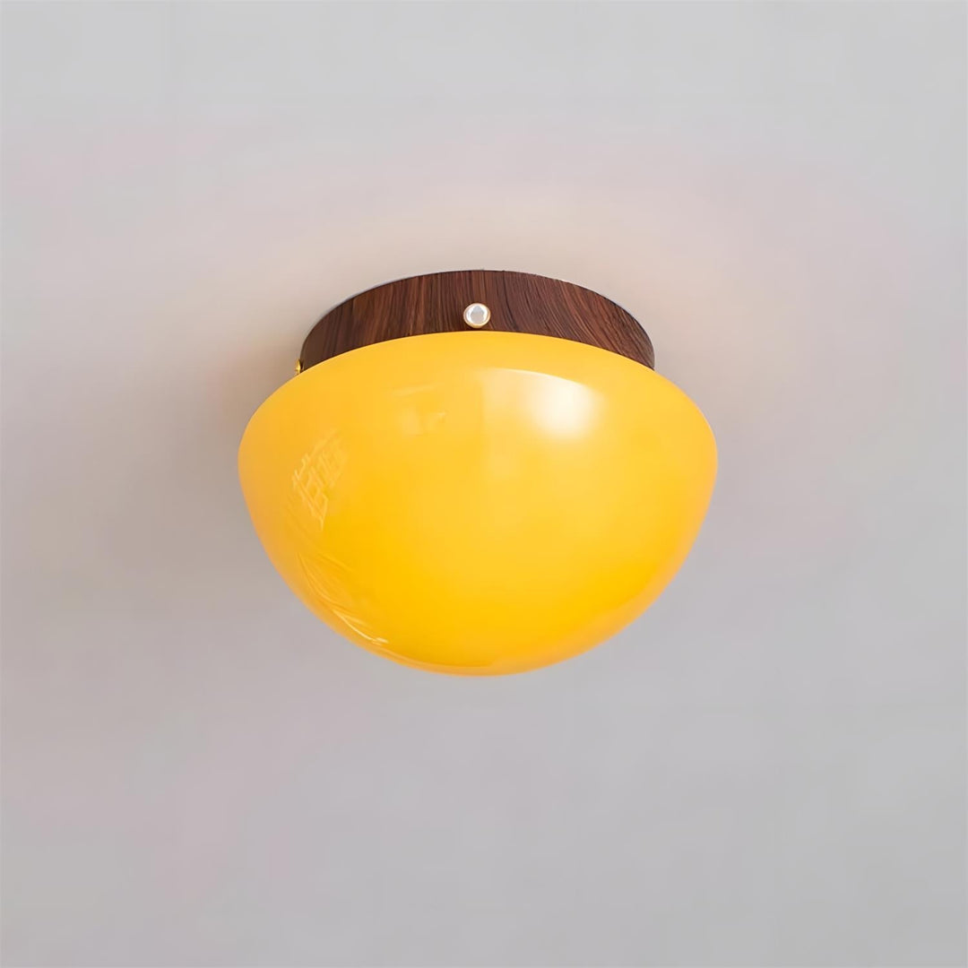 Lámpara de techo cúpula ámbar con luz cálida, estilo moderno, ideal para decoración del hogar interior.