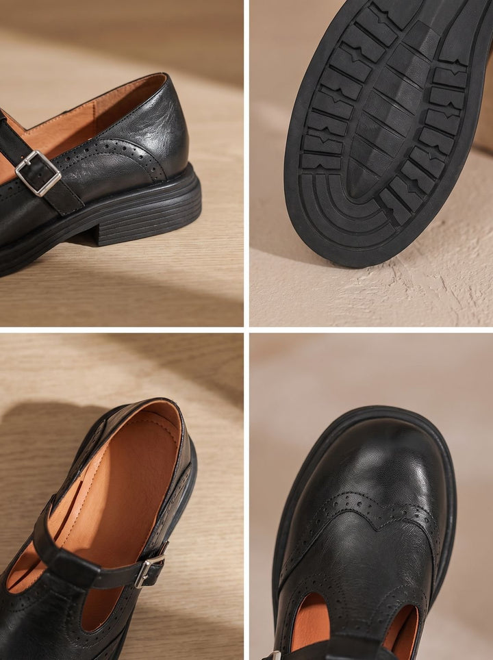 Elegantes zapatos Mary Jane clásicos de mujer con brogue y hebilla. Un estilo atemporal, cómodos para la oficina.