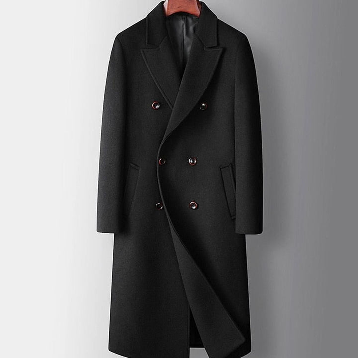 Abrigo de invierno de lana para hombre, con diseño cruzado, solapas de pico y corte elegante y largo.