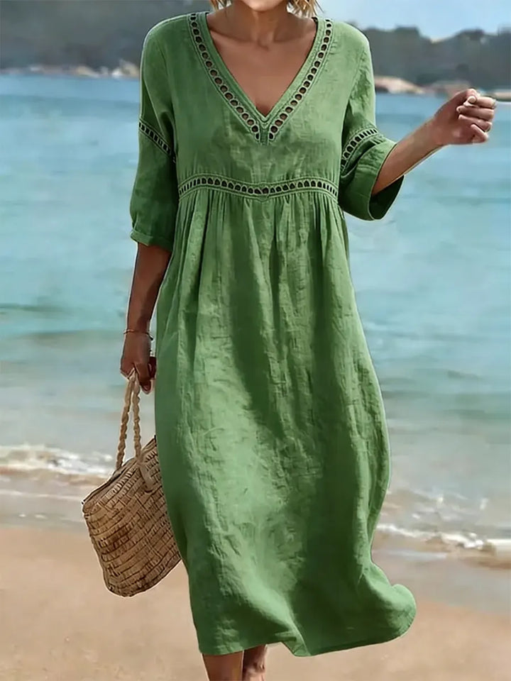 Vestido de verano fluido para mujer, cuello V de algodón, ideal para días casuales y vacaciones.