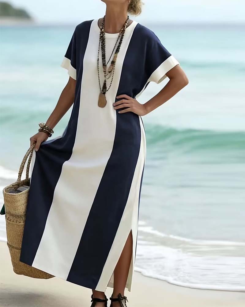 Vestido midi para mujer, rayas verticales, abertura lateral, elegancia relajada, perfecto para un look de verano.