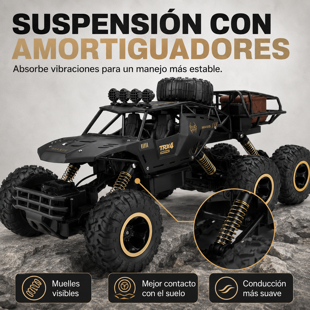 Camión monster truck RC 1/12 de 6 ruedas en acción, superando obstáculos todoterreno.