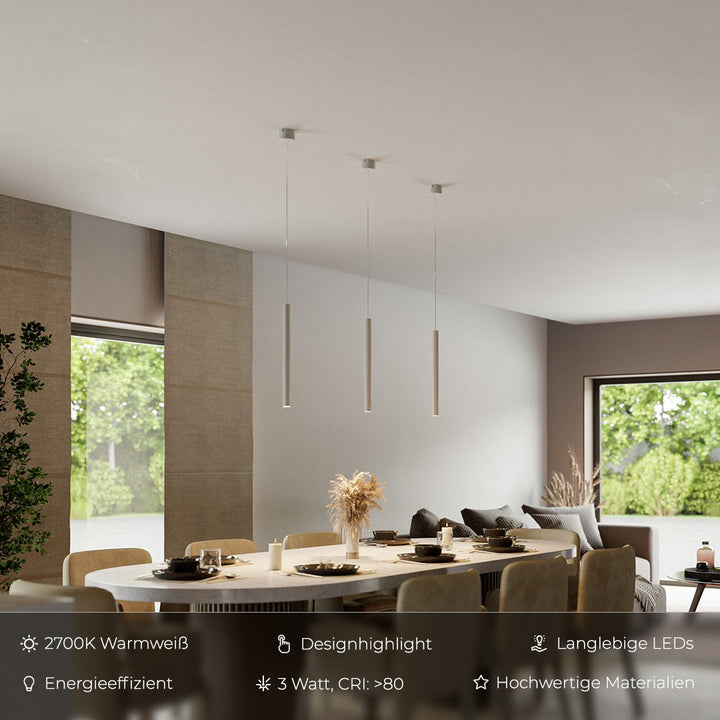 Moderna lámpara LED minimalista de techo. Colgante ajustable, ahorro energético y luz cálida.