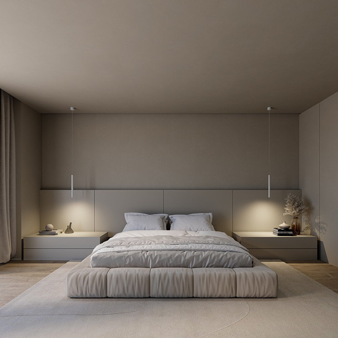 Lámpara colgante LED con luz cálida. Diseño de aluminio, estilo minimalista y moderna iluminación.