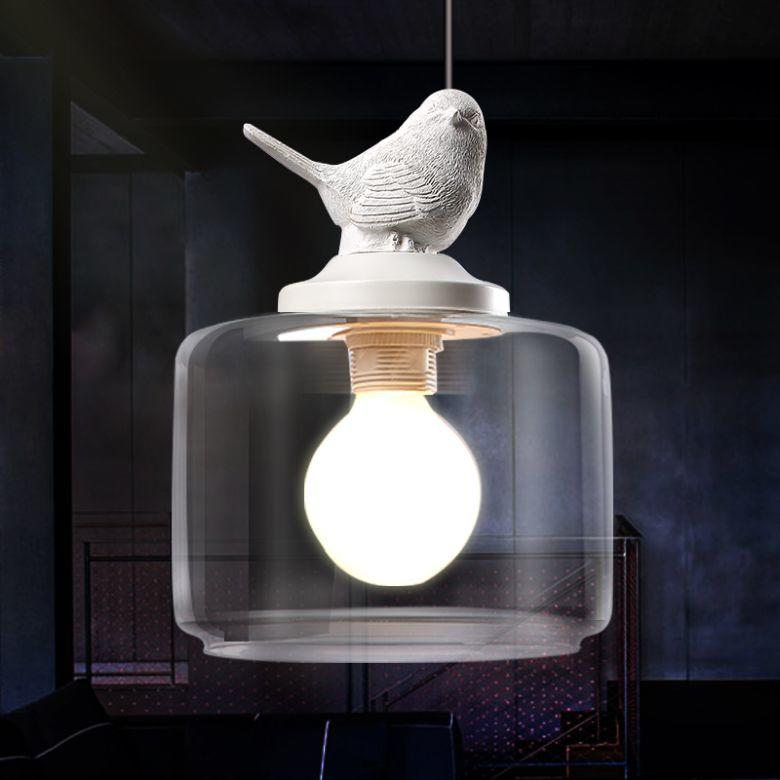 Lámpara colgante moderna con pájaro, cilindro de vidrio. Ideal decoración hogar, luz cálida.