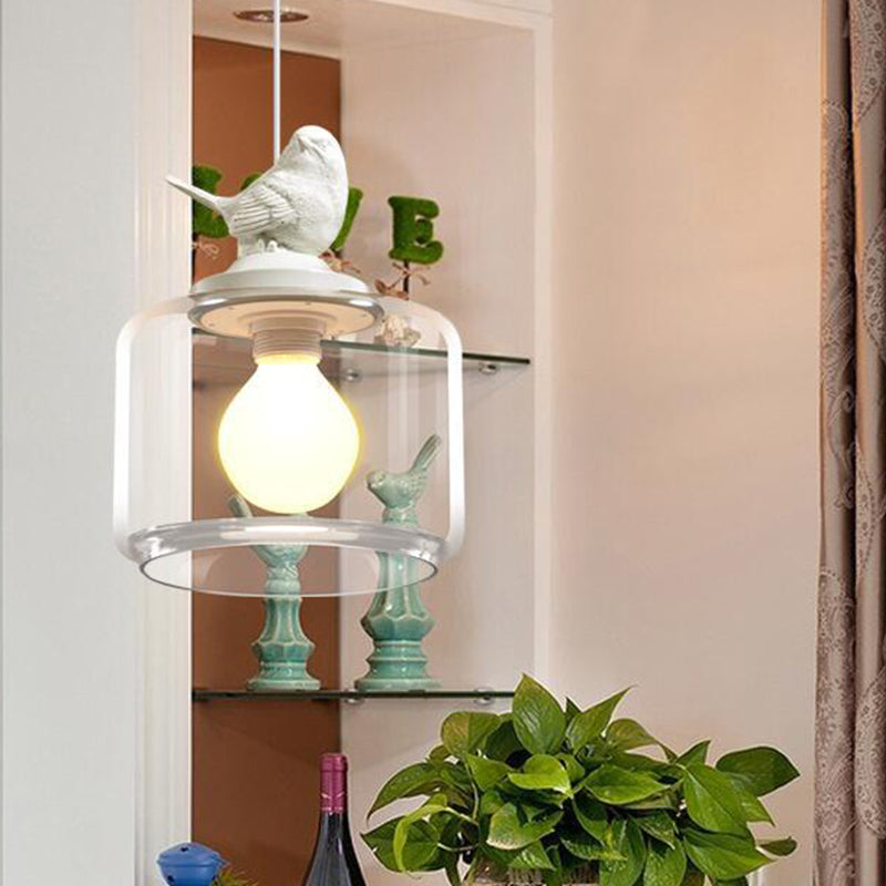 Iluminación de diseño: lámpara colgante moderna con pájaro. Cilindro de vidrio, decoración hogar.