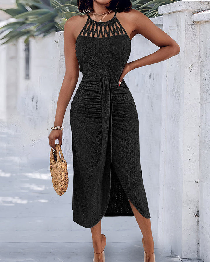 Vestido elegante y fresco, midi con abertura y cuello halter para fiesta.