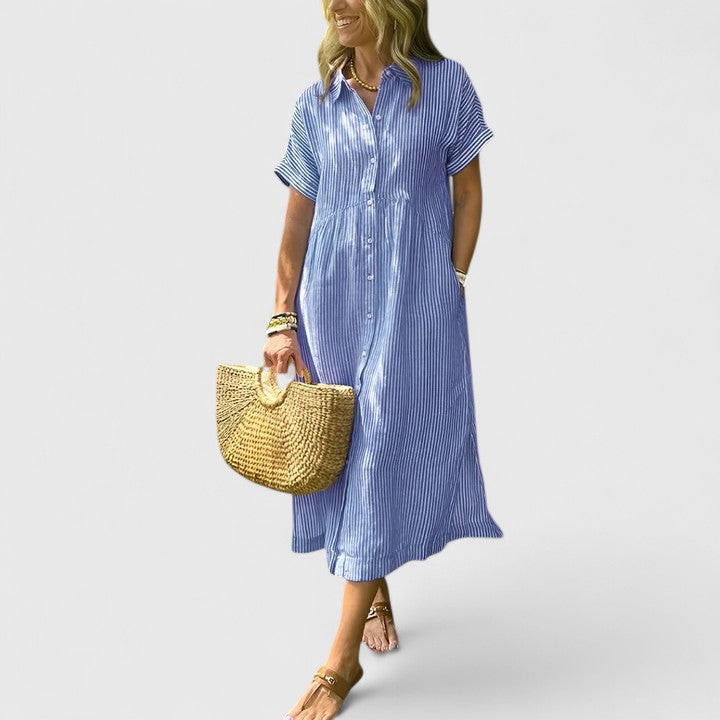 Vestido camisero a rayas para mujer, cómodo y fresco, ideal para uso diario en primavera y verano.