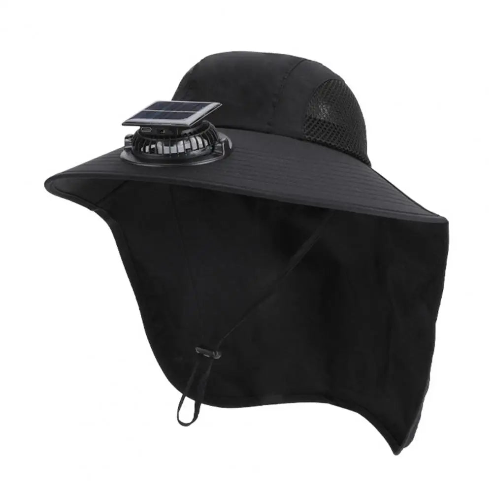 Persona usando sombrero solar ventilador unisex, disfrutando de senderismo con protección UV.