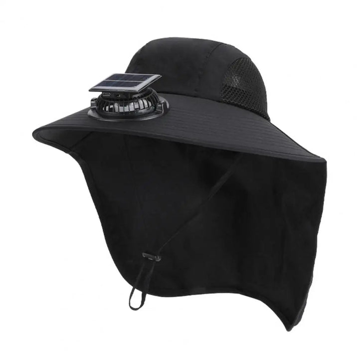 Persona usando sombrero solar ventilador unisex, disfrutando de senderismo con protección UV.