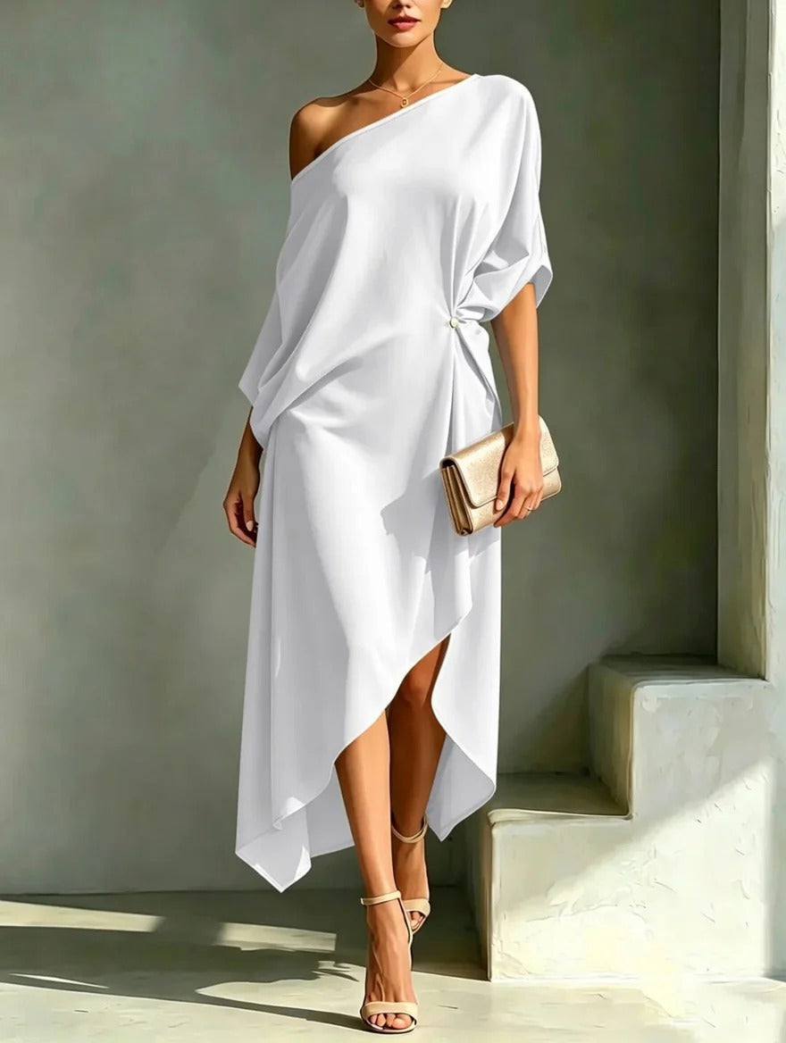 Vestido midi mujer asimétrico y elegante, con diseño de hombro descubierto, ideal para fiesta o evento casual chic.