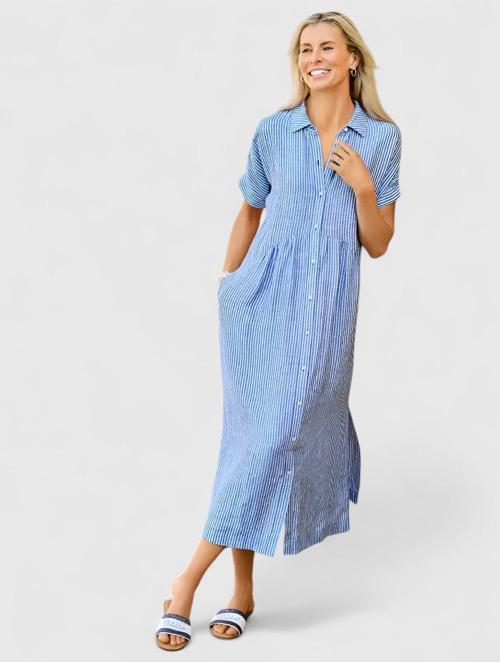 Vestido camisero casual para mujer a rayas, ideal para el día a día, cómodo y fresco.
