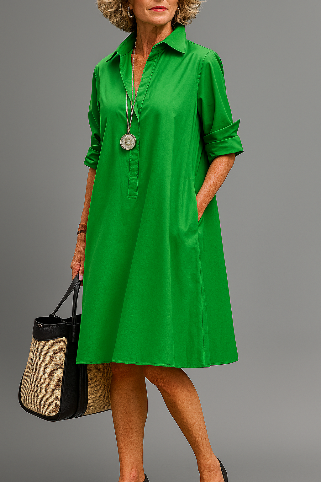 Vestido midi fluido verde esmeralda para mujer, elegante y casual. Ideal para verano, primavera y uso diario cómodo.