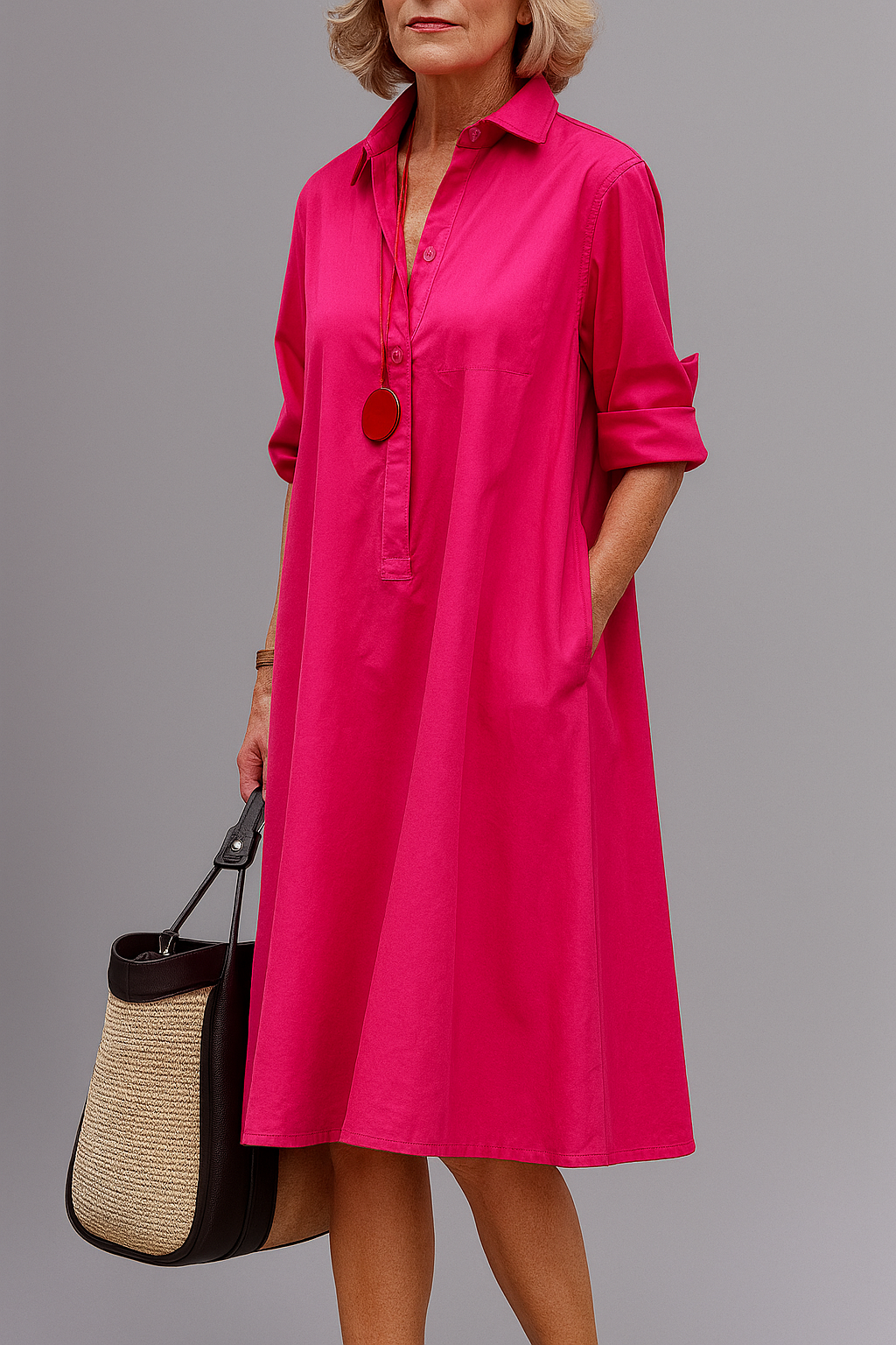 Vestido midi rosa fluido para mujer, elegante y cómodo. Ideal para ocasiones casuales y formales, moda versátil.