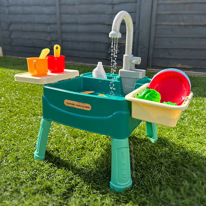 Juego de agua portátil para niños: fregadero de juguete con grifo recirculante, perfecto para juego interior/exterior.