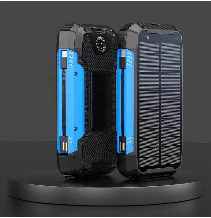 Cargador solar portátil robusto 30000mAh. Recarga tu móvil en cualquier aventura.