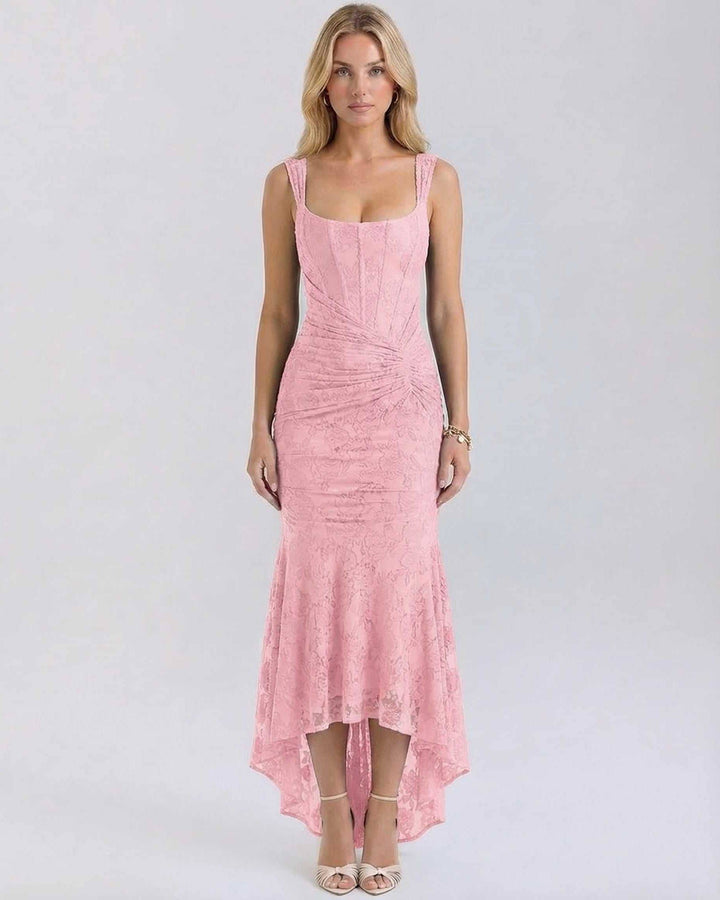 Vestido maxi rosa suave para mujer, cuello cuadrado, dobladillo asimétrico. Ideal para eventos y cóctel.