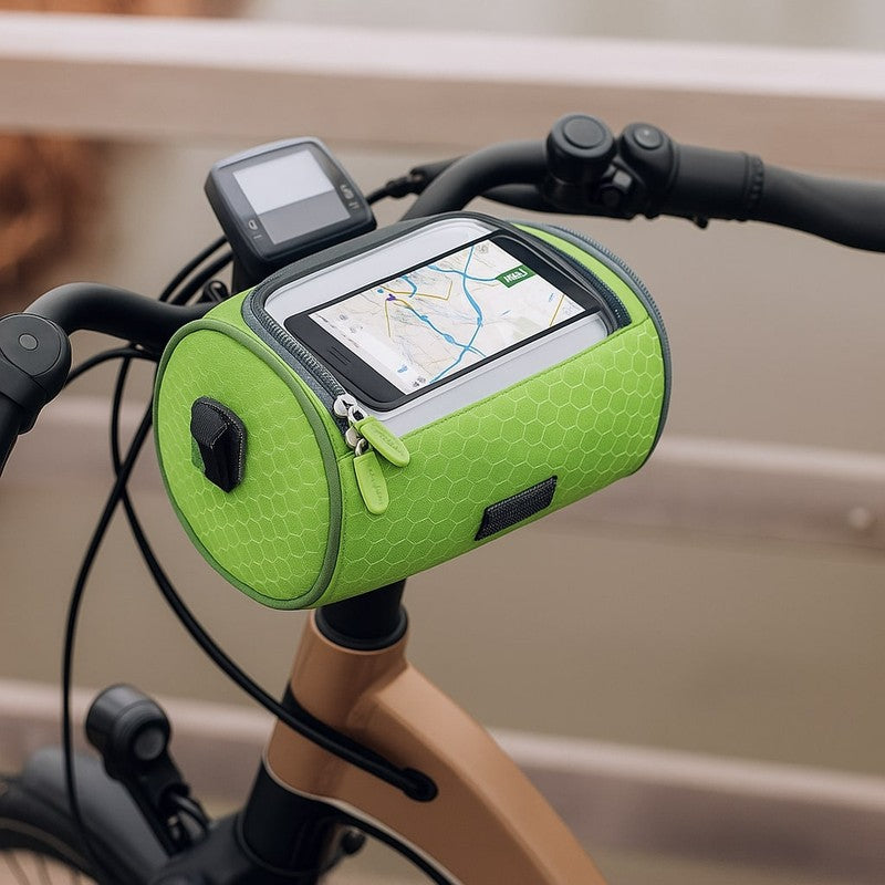 Equipo para ciclismo: Bolsa de manillar negra con almacenamiento seguro y reflectividad.