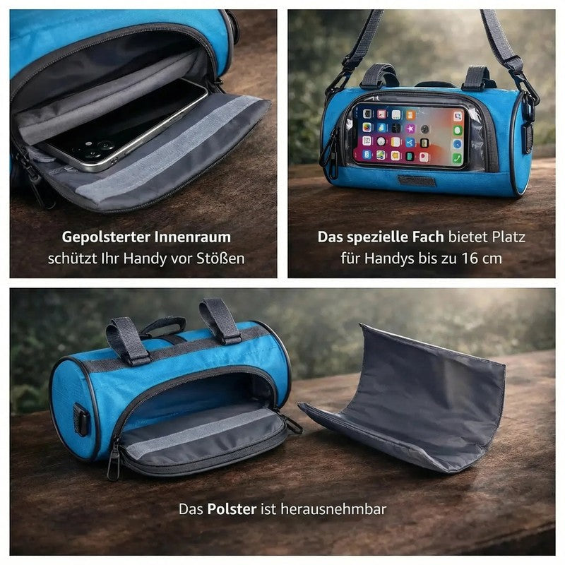 Bolsa ciclismo para manillar con soporte de teléfono y pantalla táctil, compatible con GPS.