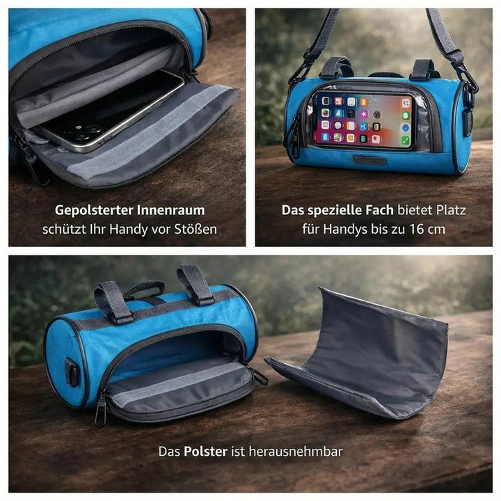 Bolsa ciclismo para manillar con soporte de teléfono y pantalla táctil, compatible con GPS.
