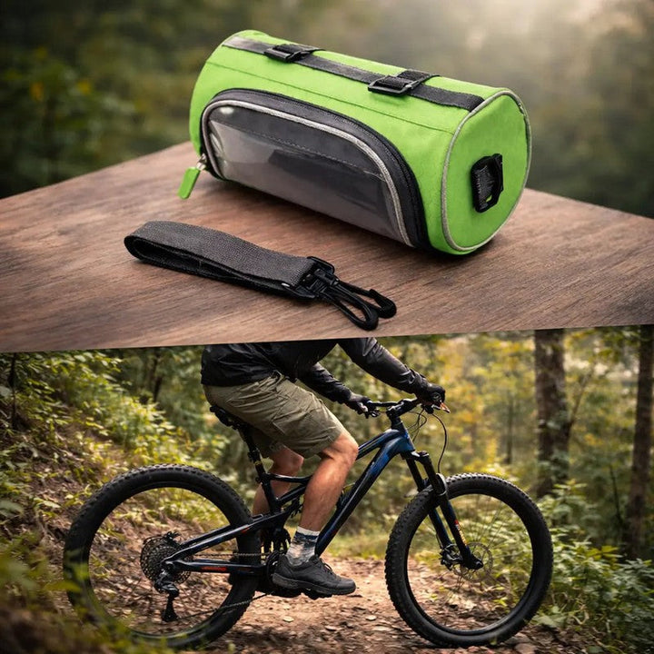 Equipo ciclismo esencial: Bolsa manillar impermeable con acceso rápido al teléfono.
