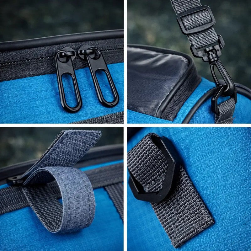 Accesorio ciclismo: Bolsa de manillar negra con detalles reflectantes, segura para la noche.