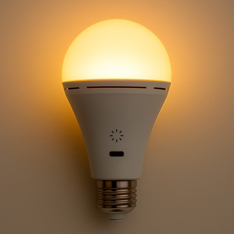 Bombilla LED recargable USB con control remoto, ideal para iluminación portátil interior y exterior.