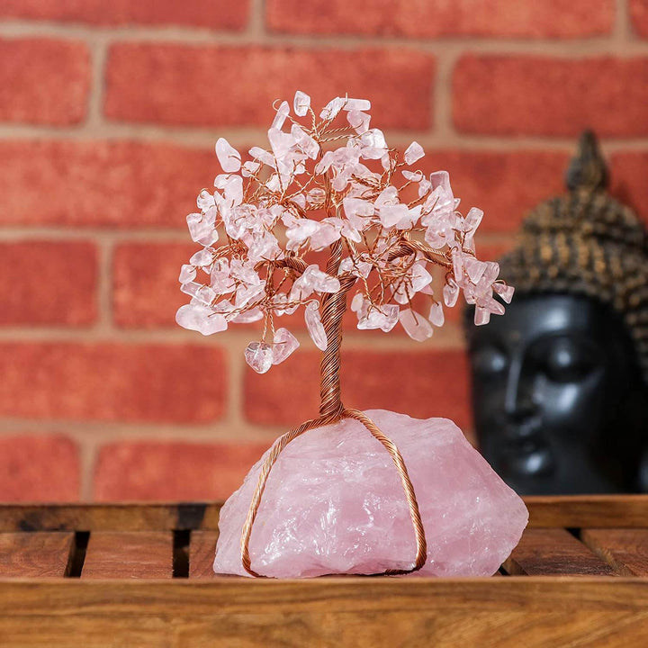 Bonsái de cristal, adorno Feng Shui para armonía. Gemas de amatista y cuarzo rosa.