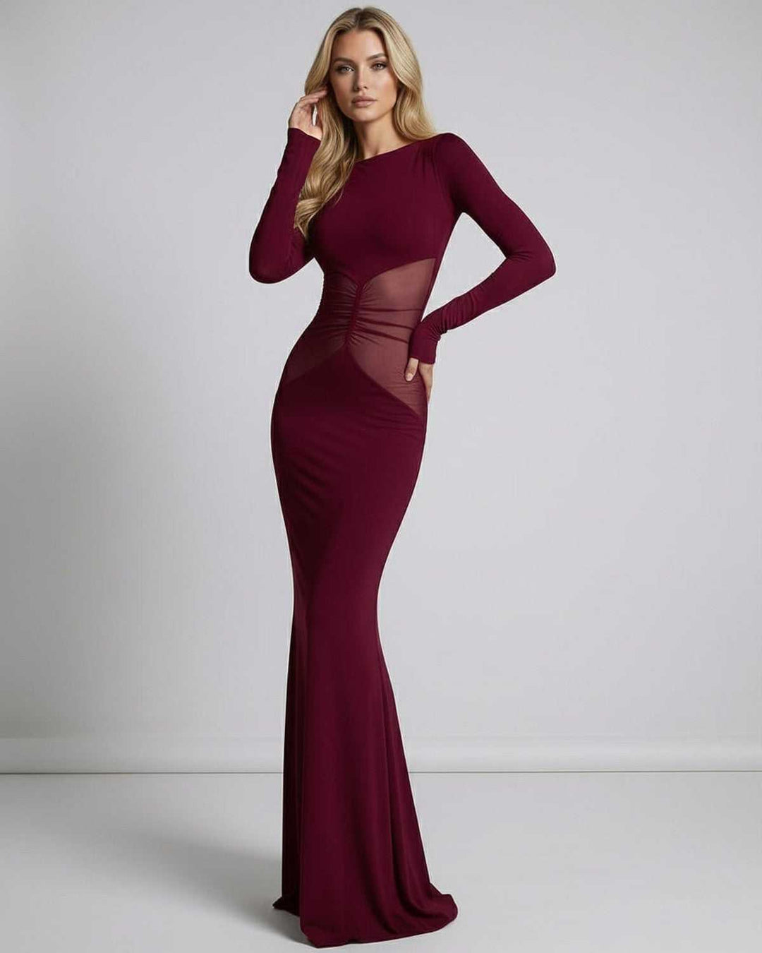 Vestido largo de gala burdeos para mujer, con detalles de malla, ideal para bodas, fiestas o cenas elegantes.