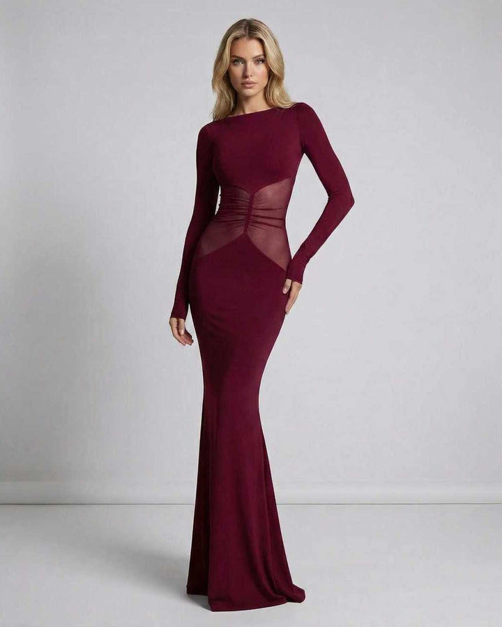 Vestido maxi burdeos elegante para mujer con panel de malla, ideal para fiestas o noches especiales.