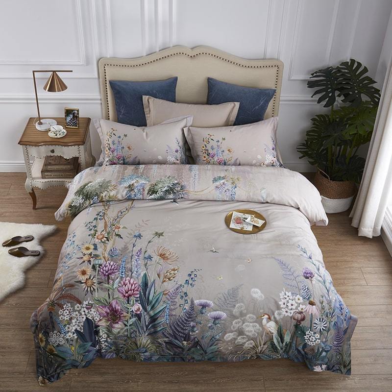 Suave juego de cama de algodón egipcio 600 hilos. Estampado floral que embellece tu hogar.