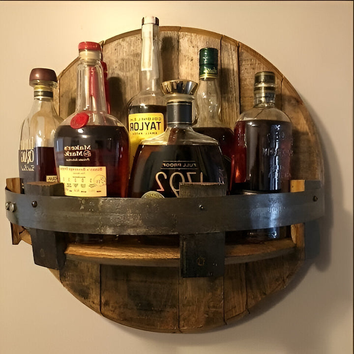 Estante rústico de barril de whisky bourbon de roble para coleccionistas. Accesorio de bar decorativo.