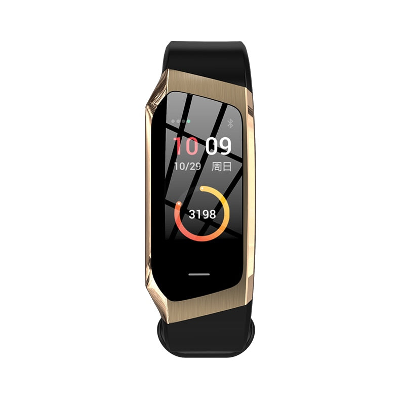 Reloj inteligente unisex mostrando datos de presión arterial, ritmo cardiaco y pasos.