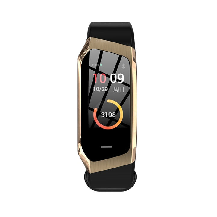 Reloj inteligente unisex mostrando datos de presión arterial, ritmo cardiaco y pasos.