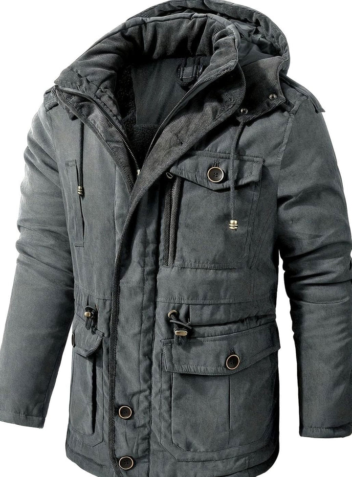 Chaqueta de invierno para hombre, acolchada. Con capucha, ideal frío, estilo casual y funcional.