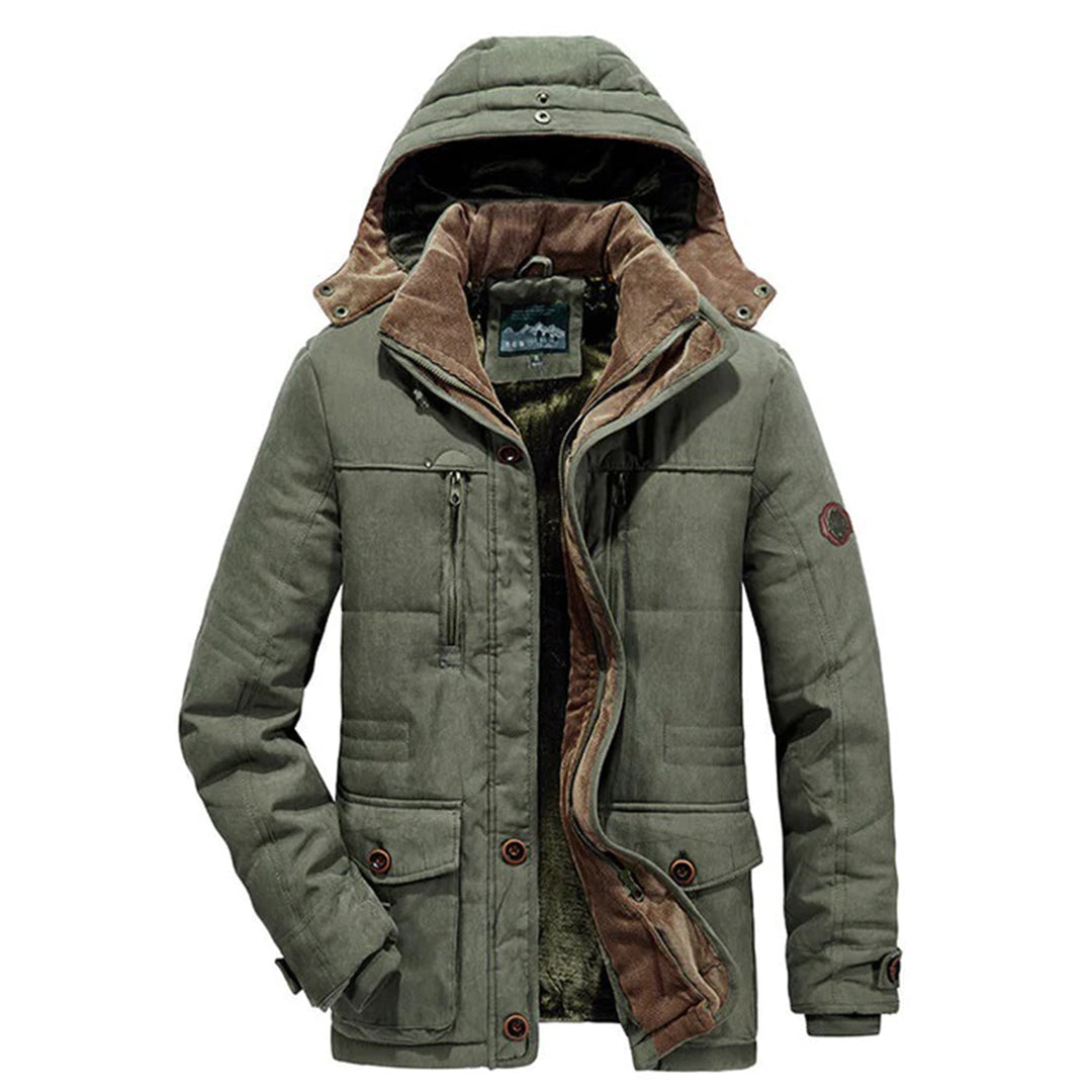 Abrigo de invierno para hombre, doble forro y capucha desmontable. Ideal para el frío, estilo elegante y casual.