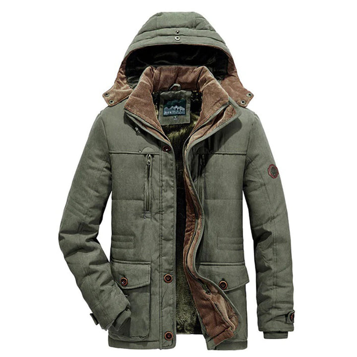 Abrigo de invierno para hombre, doble forro y capucha desmontable. Ideal para el frío, estilo elegante y casual.