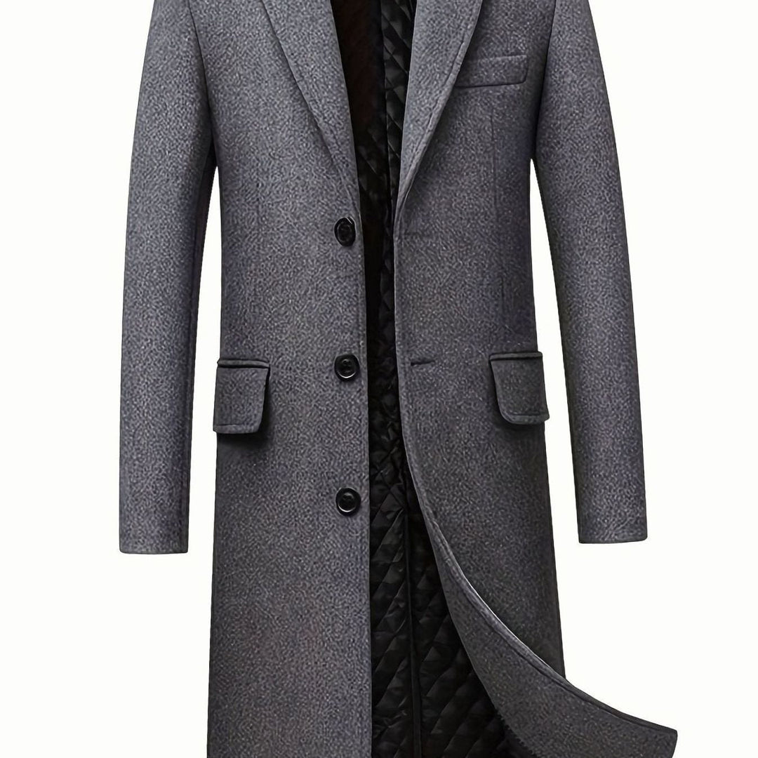 Abrigo largo de lana gris para hombre con botones. Elegancia y calidez invernal, ideal para ropa exterior formal.