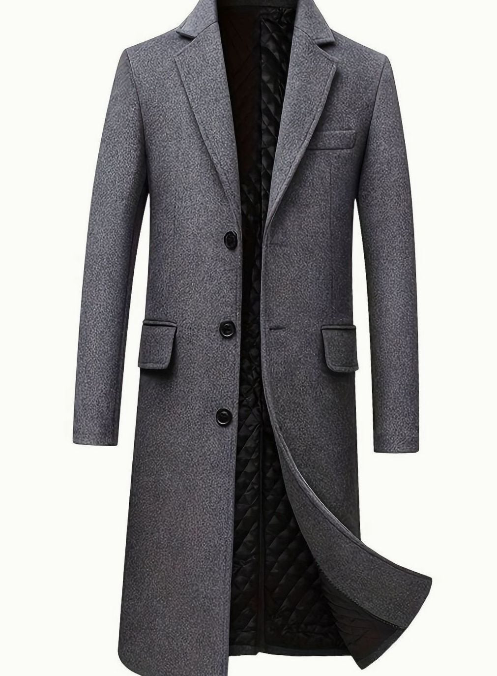 Abrigo de lana gris para hombre estilo sastre, largo y con botones. Perfecto para atuendos formales o de negocios en invierno.